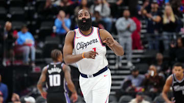 Mar 9, 2025; Inglewood, California, USA; LA Clippers guard James Harden (1) gestures against the Sacramento Kings in the second half at Intuit Dome. Mandatory Credit: Kirby Lee-Imagn Images