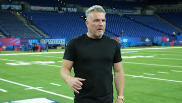 Feb 27, 2025; Indianapolis, IN, USA; Pat McAfee watches during workouts at the 2025 NFL Scouting Combine at Lucas Oil Stadium. Mandatory Credit: Kirby Lee-Imagn Images