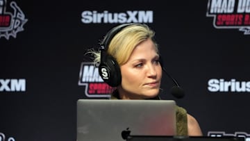 Michelle Beadle on the Sirius XM Mad Dog Sports radio set at the Super Bowl 58 media center at the Mandalay Bay resort and casino on Feb. 8, 2024.