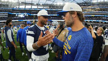Dallas Cowboys quarterback Dak Prescott shakes hands with Los Angeles Rams quarterback Matthew Stafford after the game 