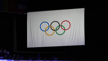 Jul 27, 2024; Paris, France; An Olympic ring flat during the Paris 2024 Olympic Summer Games at the Porte de La Chapelle Arena. 