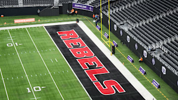 The UNLV Rebels logo in the end zone is seen before the Mountain West Championship between the Boise State Broncos and the UNLV Rebels at Allegiant Stadium. 
