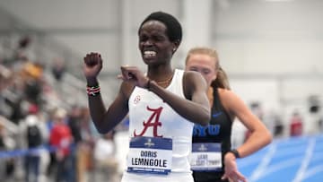 Mar 14, 2025; Virginia Beach, VA, USA; Doris Lemngole of Alabama wins the women's 5,000m in 15:05.93 during the NCAA Indoor Championships at the Virginia Beach Sports Center. Mandatory Credit: Kirby Lee-Imagn Images