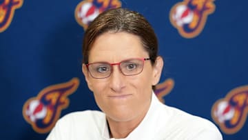 Aug 5, 2025; Los Angeles, California, USA; Indiana Fever coach Stephanie White at press conference at the Crypto.com Arena. Mandatory Credit: Kirby Lee-Imagn Images