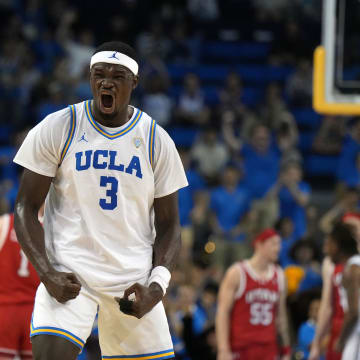 Feb 18, 2024; Los Angeles, California, USA; UCLA Bruins forward Adem Bona (3) reacts against the Utah Utes in the first half at Pauley Pavilion presented by Wescom. Mandatory Credit: Kirby Lee-USA TODAY Sports