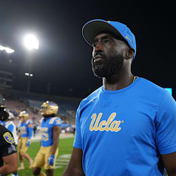 Sep 14, 2024; Pasadena, California, USA; UCLA Bruins head coach DeShaun Foster reacts after the game against the Indiana Hoosiers at Rose Bowl. Mandatory Credit: Kirby Lee-Imagn Images