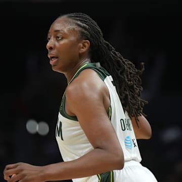 Sep 11, 2024; Los Angeles, California, USA; Seattle Storm forward Nneka Ogwumike (3) reacts against the LA Sparks in the second half at Crypto.com Arena. Mandatory Credit: Kirby Lee-Imagn Images