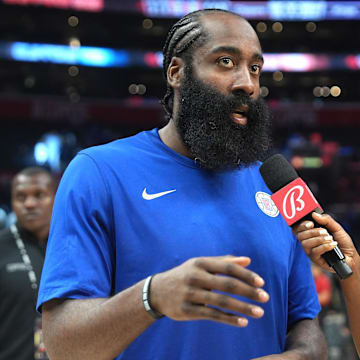 Bally Sports reporter Kristina Pink interviews LA Clippers guard James Harden after the game against the Sacramento Kings at Crypto.com Arena. 