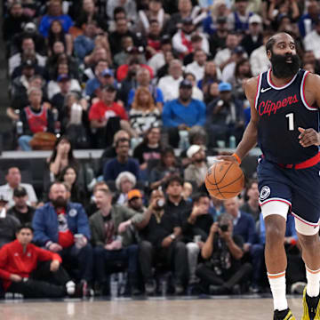 May 1, 2025; Inglewood, California, USA; LA Clippers guard James Harden (1) dribbles the ball in the second half against the Denver Nuggets during game six of first round for the 2025 NBA Playoffs at Intuit Dome. Mandatory Credit: Kirby Lee-Imagn Images