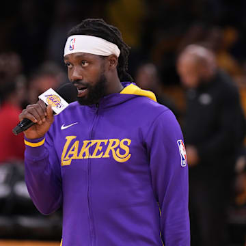 Oct 20, 2022; Los Angeles, California, USA; Los Angeles Lakers guard Patrick Beverley speaks to the crowd before the game against the LA Clippers at Crypto.com Arena. The Clippers defeated the Lakers 103-97. Mandatory Credit: Kirby Lee-Imagn Images