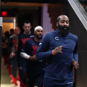 May 1, 2025; Inglewood, California, USA; LA Clippers guard James Harden enters the court against the Denver Nuggets during game six of first round for the 2025 NBA Playoffs at Intuit Dome. Mandatory Credit: Kirby Lee-Imagn Images