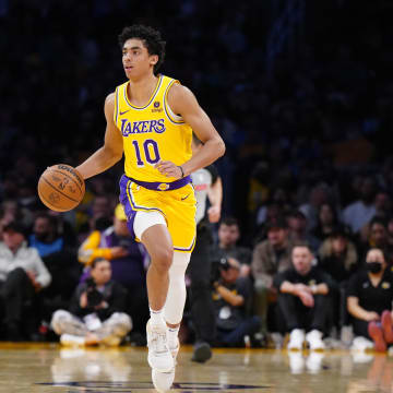 Mar 18, 2024; Los Angeles, California, USA; Los Angeles Lakers guard Max Christie (10) dribbles the ball against the Atlanta Hawks in the second half at Crypto.com Arena. Mandatory Credit: Kirby Lee-USA TODAY Sports