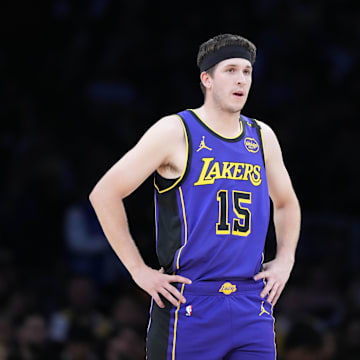Mar 17, 2025; Los Angeles, California, USA; Los Angeles Lakers guard Austin Reaves (15) reacts in the first half against the San Antonio Spurs at the Crypto.com Arena. Mandatory Credit: Kirby Lee-Imagn Images