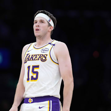 Mar 16, 2025; Los Angeles, California, USA; Los Angeles Lakers guard Austin Reaves (15) reacts against the Phoenix Suns in the second half at Crypto.com Arena. Mandatory Credit: Kirby Lee-Imagn Images