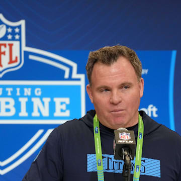 Tennessee Titans general manager Mike Borgonzi speaks during the NFL Scouting Combine at the Indiana Convention Center. Mandatory Credit: Kirby Lee-Imagn Images