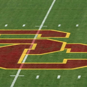 Sep 3, 2022; Los Angeles, California, USA; A detailed view of the Southern California Trojans SC logo at midfield at United Airlines Field at Los Angeles Memorial Coliseum. Mandatory Credit: Kirby Lee-USA TODAY Sports