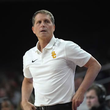 Feb 11, 2025; Los Angeles, California, USA; Southern California Trojans head coach Eric Musselman reacts during the game against the Penn State Nittany Lions at Galen Center. Mandatory Credit: Kirby Lee-Imagn Images