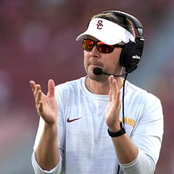 Sep 3, 2022; Los Angeles, California, USA; Southern California Trojans head coach Lincoln Riley reacts in the second half against the Rice Owls at United Airlines Field at Los Angeles Memorial Coliseum. Mandatory Credit: Kirby Lee-Imagn Images