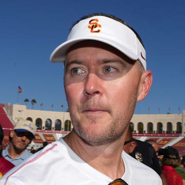Sep 28, 2024; Los Angeles, California, USA; Southern California Trojans head coach Lincoln Riley reacts after a game against the Wisconsin Badgers at United Airlines Field at Los Angeles Memorial Coliseum. Mandatory Credit: Kirby Lee-Imagn Images