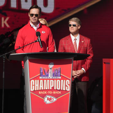 Feb 14, 2024; Kansas City, MO, USA; Kansas City Chiefs president Mark Donovan (left) and owner Clark Hunt during the celebration of the Chiefs winning Super Bowl LVIII. Mandatory Credit: Kirby Lee-USA TODAY Sports