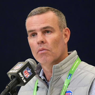 Buffalo Bills general manager Brandon Beane speaks during the NFL Scouting Combine.