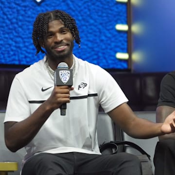 Jul 21, 2023; Las Vegas, NV, USA; Colorado Buffaloes quarterback Shadeur Sanders (left) and receiver Travis Hunter during Pac-12 Media Day at Resorts World Las Vegas. Mandatory Credit: Kirby Lee-Imagn Images