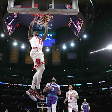 Nov 15, 2021; Los Angeles, California, USA; Chicago Bulls forward DeMar DeRozan (11) dunks the ball in the first half against the Los Angeles Lakers at Staples Center. The Bulls defeated the Lakers 121-103.  