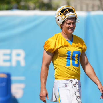 Jun 13, 2024; Costa Mesa, CA, USA; Los Angeles Chargers quarterback Justin Herbert (10) reacts during minicamp at the Hoag Performance Center. Mandatory Credit: Kirby Lee-USA TODAY Sports