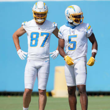 Jun 13, 2024; Costa Mesa, CA, USA; Los Angeles Chargers wide receivers coach Sanjay Lal (right) talks with wide receivers Simi Fehoko (87) and Joshua Palmer (5) during minicamp at the Hoag Performance Center. Mandatory Credit: Kirby Lee-USA TODAY Sports