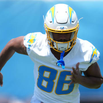 May 29, 2024; Costa Mesa, CA, USA; Los Angeles Chargers receiver Cornelius Johnson (86) during organized team activities at Hoag Performance Center. Mandatory Credit: Kirby Lee-USA TODAY Sports