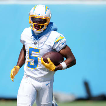 Jun 13, 2024; Costa Mesa, CA, USA; Los Angeles Chargers wide receiver Joshua Palmer (5) during minicamp at the Hoag Performance Center. Mandatory Credit: Kirby Lee-USA TODAY Sports