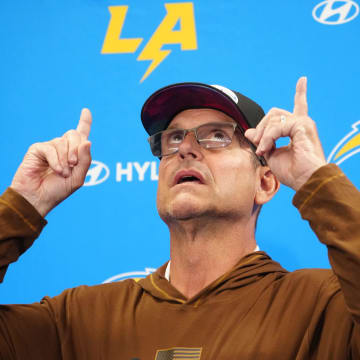 Jun 13, 2024; Costa Mesa, CA, USA; Los Angeles Chargers head coach Jim Harbaugh at a press conference during minicamp at the Hoag Performance Center.  Mandatory Credit: Kirby Lee-USA TODAY Sports