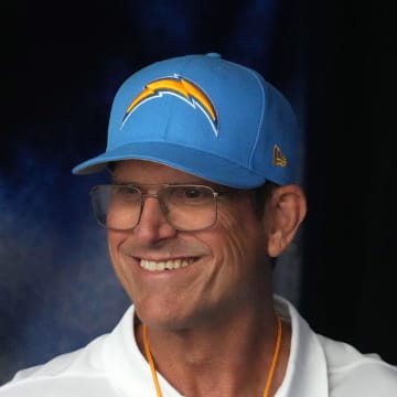 Aug 17, 2024; Inglewood, California, USA; Los Angeles Chargers coach Jim Harbaugh reacts against the Los Angeles Rams in the first half at SoFi Stadium. Mandatory Credit: Kirby Lee-USA TODAY Sports