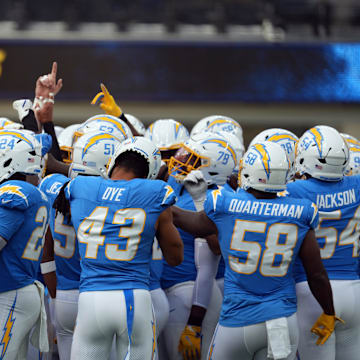 Aug 17, 2024; Inglewood, California, USA; Los Angeles Chargers players huddle during the game against the Los Angeles Rams at SoFi Stadium. Mandatory Credit: Kirby Lee-Imagn Images