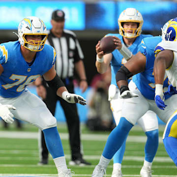 Aug 17, 2024; Inglewood, California, USA; Los Angeles Chargers offensive tackle Joe Alt (76) against the Los Angeles Rams in the first half at SoFi Stadium. Mandatory Credit: Kirby Lee-Imagn Images