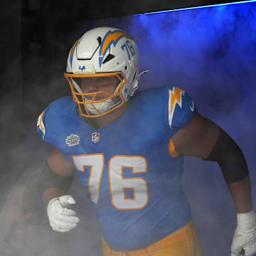 Sep 8, 2024; Inglewood, California, USA; Los Angeles Chargers offensive tackle Joe Alt (76) enters the field before the game against the Las Vegas Raiders at SoFi Stadium. Mandatory Credit: Kirby Lee-Imagn Images