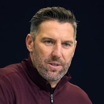 Feb 25, 2025; Indianapolis, IN, USA; Washington Commanders general manager Adam Peters speaks during the NFL Scouting Combine at the Indiana Convention Center. Mandatory Credit: Kirby Lee-Imagn Images