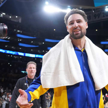 Apr 9, 2024; Los Angeles, California, USA; Golden State Warriors guard Klay Thompson (11) reacts after the game against the Los Angeles Lakers at Crypto.com Arena. Mandatory Credit: Kirby Lee-USA TODAY Sports