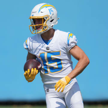 Jun 13, 2024; Costa Mesa, CA, USA; Los Angeles Chargers wide receiver Ladd McConkey (15) carries the ball during minicamp at the Hoag Performance Center. Mandatory Credit: Kirby Lee-USA TODAY Sports