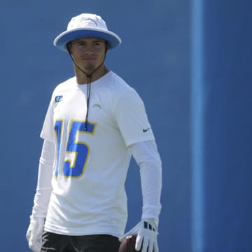 May 20, 2025; El Segundo, CA, USA; Los Angeles Chargers receiver Ladd McConkey (15) looks on during offseason workouts at The Bolt. Mandatory Credit: Kirby Lee-Imagn Images