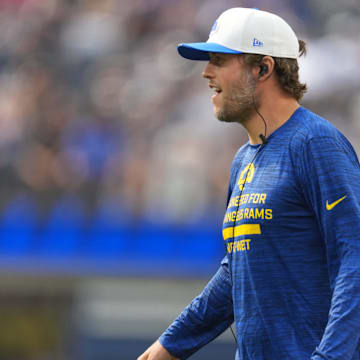 Aug 9, 2025; Inglewood, California, USA;  Los Angeles Rams quarterback Matthew Stafford watches from the sidelines during the first half against the Dallas Cowboys at SoFi Stadium. Mandatory Credit: Kirby Lee-Imagn Images