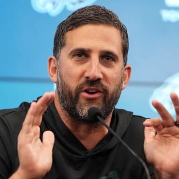 Sep 5, 2024; Sao Paolo, Brazil; Philadelphia Eagles coach Nick Sirianni at press conference at the Neo Quimica Arena. Mandatory Credit: Kirby Lee-Imagn Images