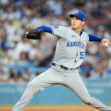 Kansas City Royals starting pitcher Cole Ragans (55) throws in the second inning against the Los Angeles Dodgers at Dodger Stadium on June 14.