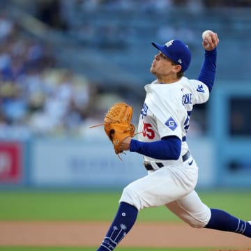 Los Angeles Dodgers starting pitcher Gavin Stone (35) throws in the second inning against the Kansas City Royals at Dodger Stadium. 