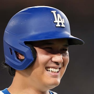 Los Angeles Dodgers designated hitter Shohei Ohtani (17) reacts in the seventh inning against the Toronto Blue Jays at Dodger Stadium on Aug. 8. 