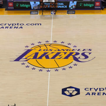 Dec 18, 2023; Los Angeles, California, USA; The Los Angeles Lakers logo at center court at the Crypto.com Arena. Mandatory Credit: Kirby Lee-USA TODAY Sports