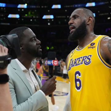 May 8, 2023; Los Angeles, California, USA; Los Angeles Lakers forward LeBron James (6) is interviewed by TNT reporter Chris Haynes after game four of the 2023 NBA playoffs against the Golden State Warriors at Crypto.com Arena. Mandatory Credit: Kirby Lee-USA TODAY Sports