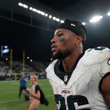 Sep 6, 2024; Sao Paulo, Brazil; Philadelphia Eagles running back Saquon Barkley (26) leaves the field after the 2024 NFL Sao Paolo Game against the Green Bay Packers at Neo Quimica Arena. Mandatory Credit: Kirby Lee-Imagn Images