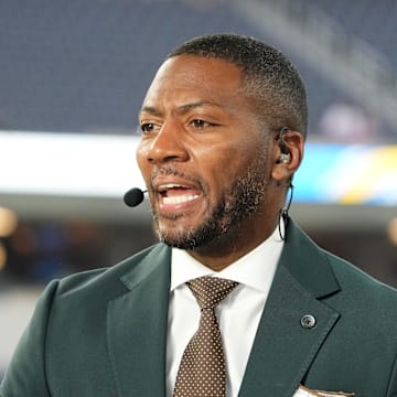 Oct 16, 2023; Inglewood, California, USA; Ryan Clark on the ESPN Monday Night Football Countdown set SoFi Stadium. Mandatory Credit: Kirby Lee-Imagn Images