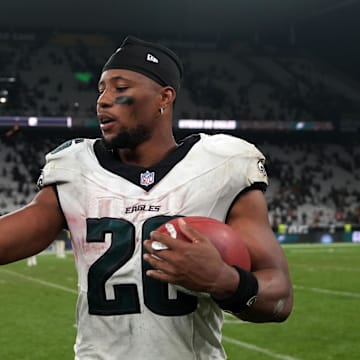 Sep 6, 2024; Sao Paulo, Brazil; Philadelphia Eagles running back Saquon Barkley (26) leaves the field after the 2024 NFL Sao Paolo Game against the Green Bay Packers at Neo Quimica Arena.  